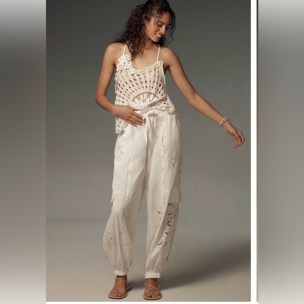 Anthropologie Embroidered Linen Pull-On Joggers
